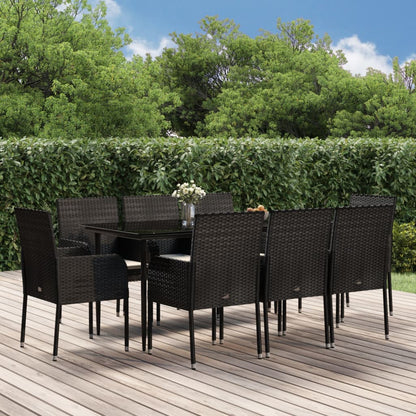 Set da Pranzo da Giardino 9 pz con Cuscini Nero in Polyrattan - homemem39