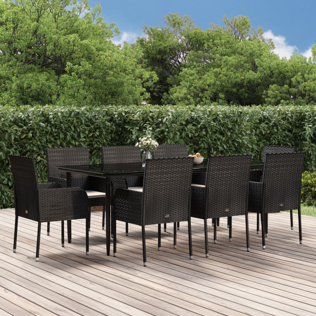 Set da Pranzo da Giardino 9 pz con Cuscini Nero in Polyrattan - homemem39