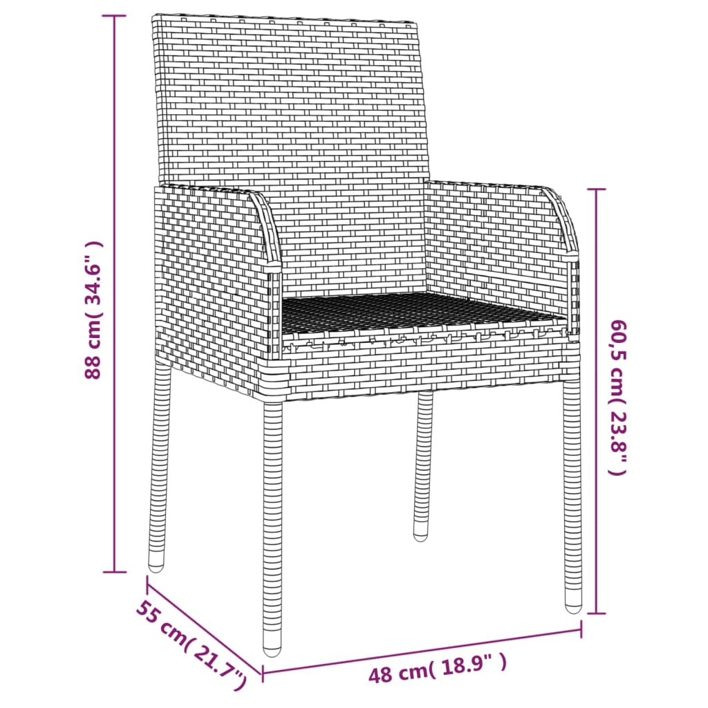 Set Salotto Giardino 3 pz con Cuscini Nero e Grigio Polyrattan