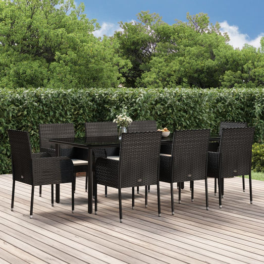 Set da Pranzo da Giardino 9 pz con Cuscini Nero in Polyrattan - homemem39