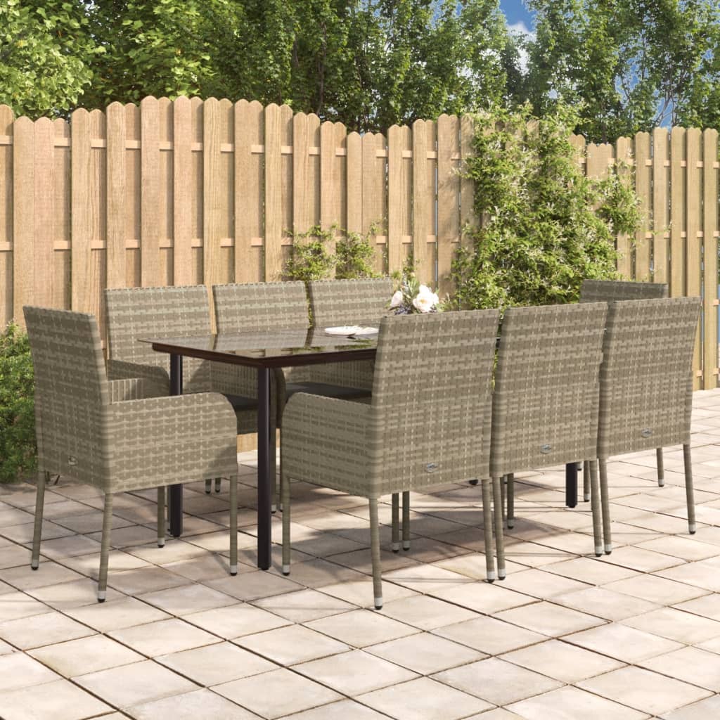 Set da Pranzo Giardino 9pz con Cuscini Nero e Grigio Polyrattan - homemem39