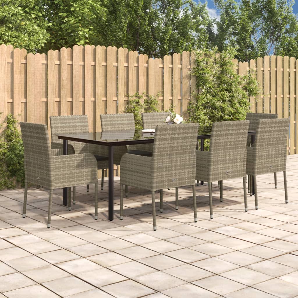 Set da Pranzo Giardino 9pz con Cuscini Nero e Grigio Polyrattan - homemem39