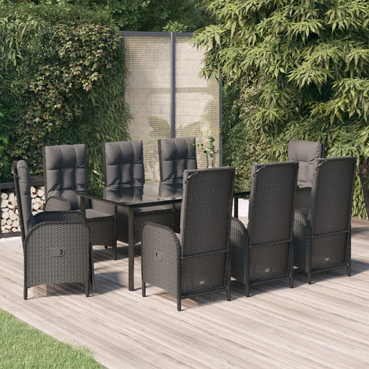 Set da Pranzo da Giardino 9 pz con Cuscini Nero in Polyrattan - homemem39