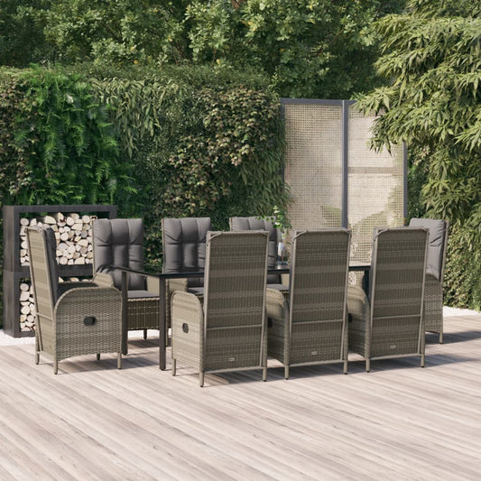 Set da Pranzo Giardino 9pz con Cuscini Nero e Grigio Polyrattan - homemem39