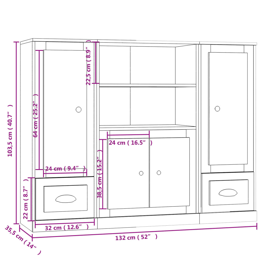 Credenze 3 pz Bianco Lucido in Legno Multistrato