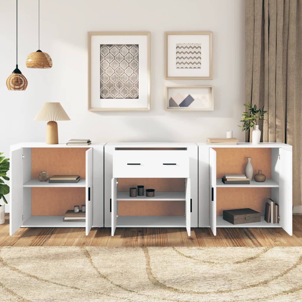 Credenze 3 pz Bianco in Legno Multistrato