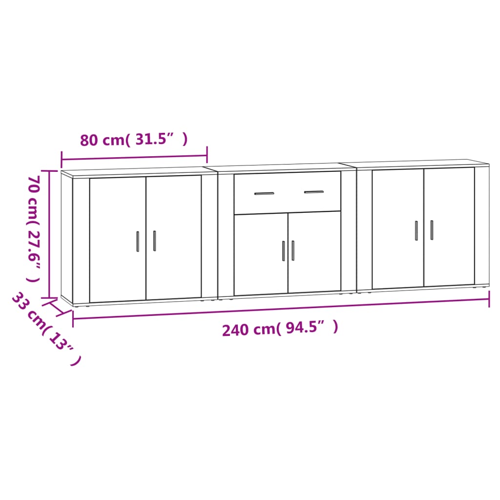 Credenze 3 pz Bianco in Legno Multistrato