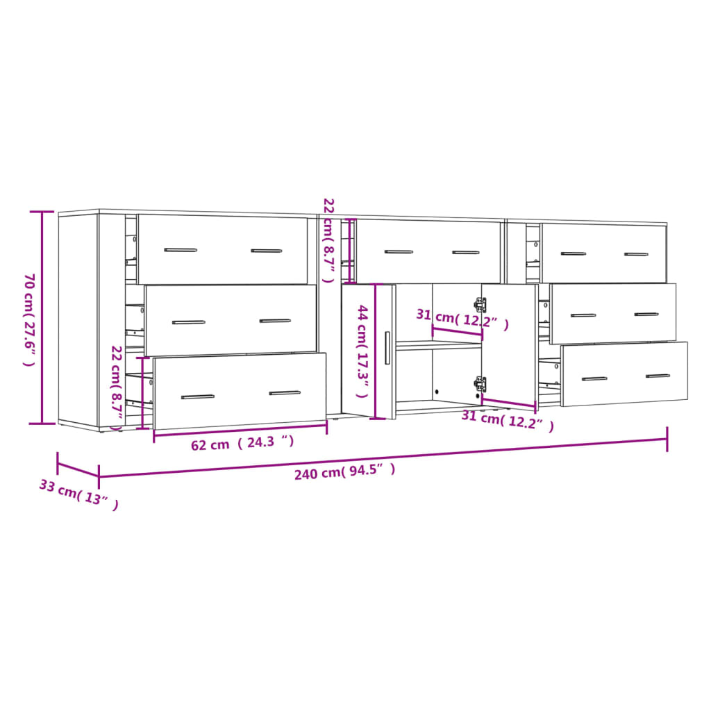 Credenze 3 pz Grigio Cemento in Legno Multistrato