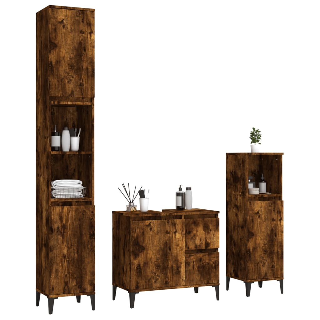 Set Mobili da Bagno 3 pz Rovere Fumo in Legno Multistrato | homemem39