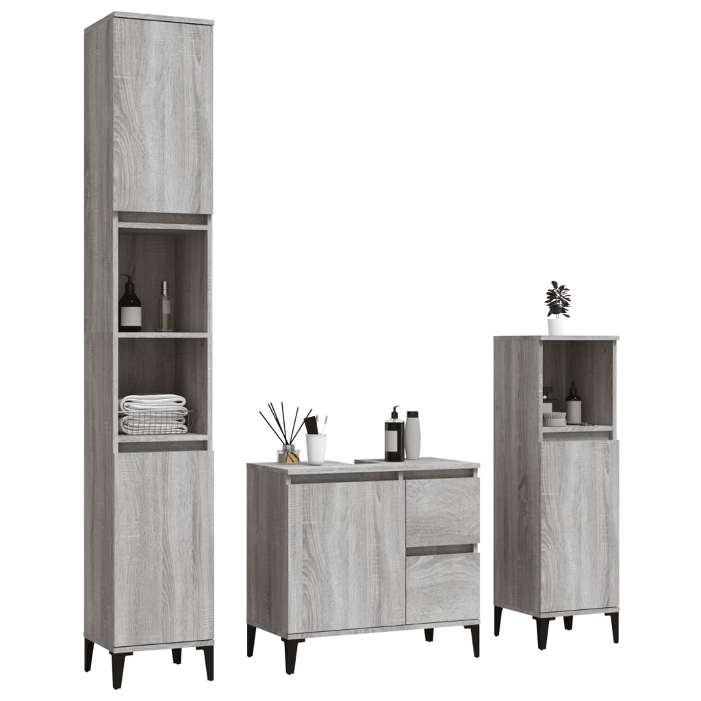 Set Mobili da Bagno 3 pz Grigio Sonoma in Legno Multistrato | homemem39