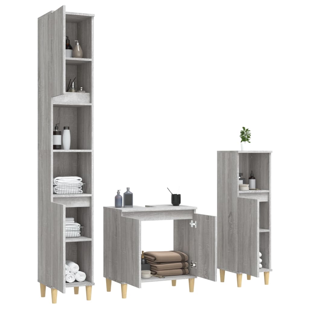Set Mobili da Bagno 3 pz Grigio Sonoma in Legno Multistrato | homemem39