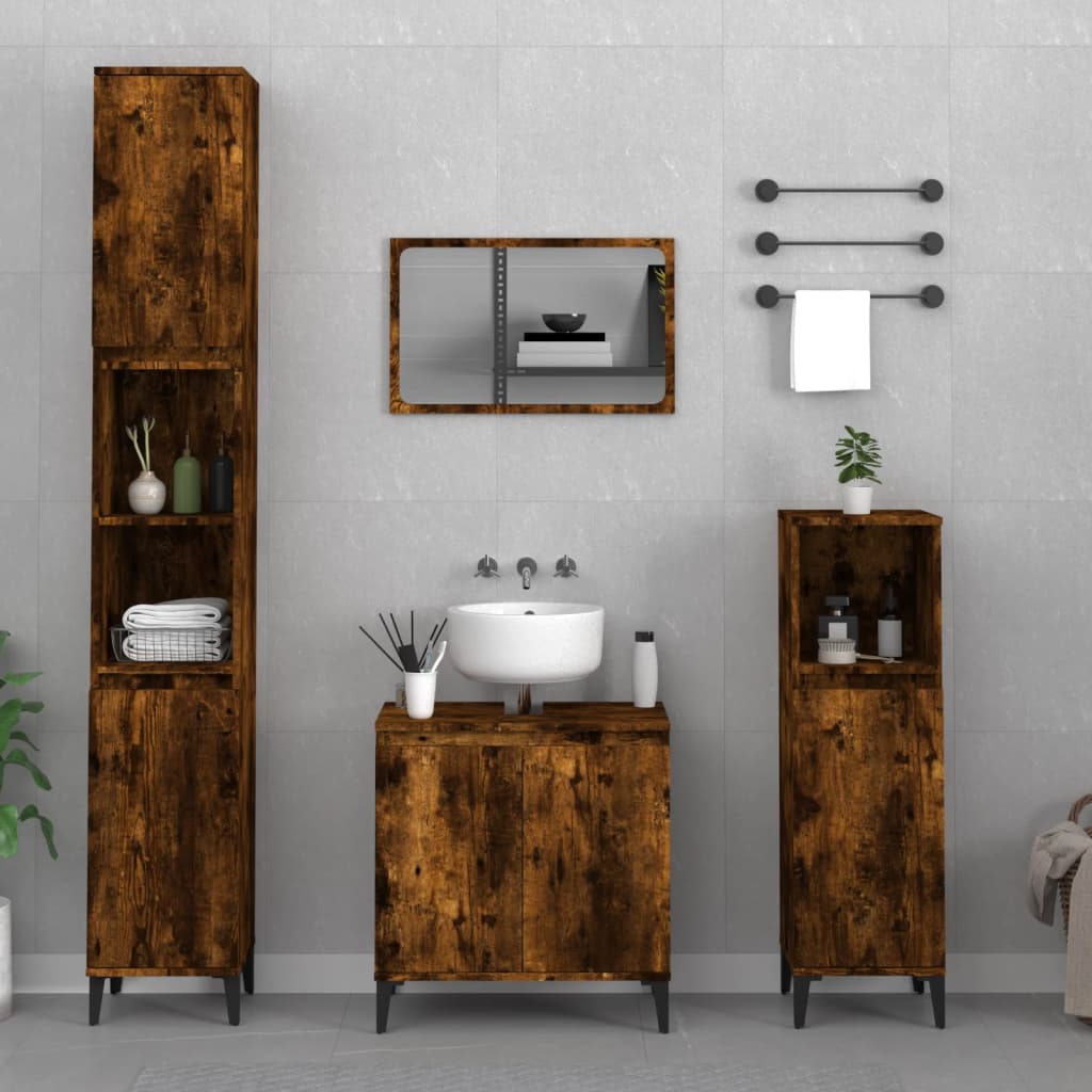 Set Mobili da Bagno 3 pz Rovere Fumo in Legno Multistrato | homemem39
