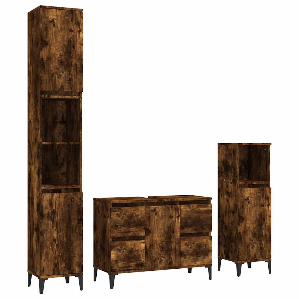 Set Mobili da Bagno 3 pz Rovere Fumo in Legno Multistrato | homemem39