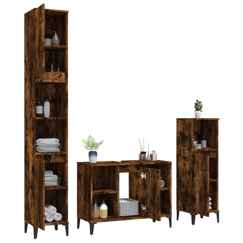 Set Mobili da Bagno 3 pz Rovere Fumo in Legno Multistrato | homemem39