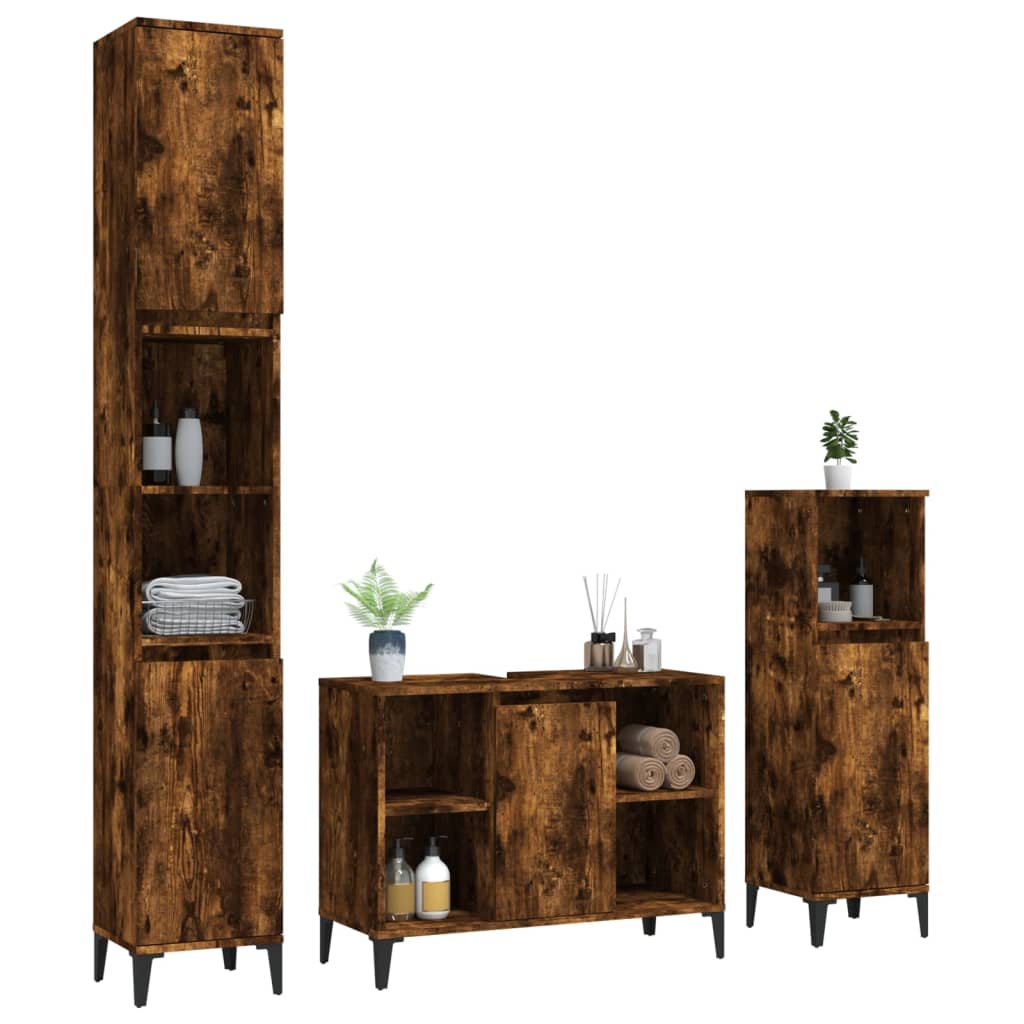 Set Mobili da Bagno 3 pz Rovere Fumo in Legno Multistrato