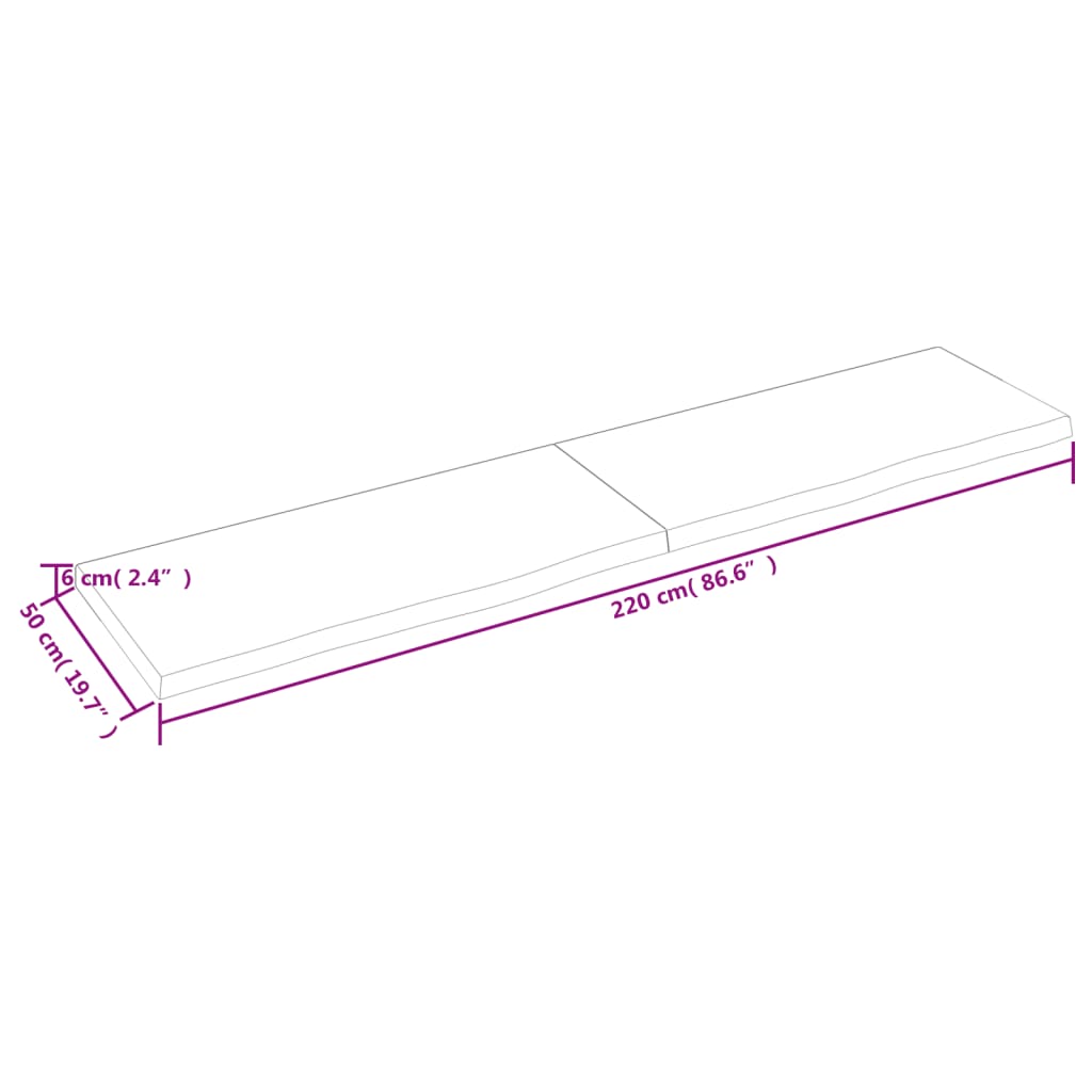 Piano per Tavolo 220x50x(2-6)cm in Rovere Massello Non Trattato