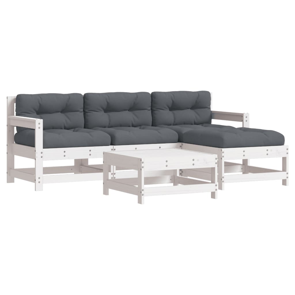 Set Divani da Giardino 5pz con Cuscini in Legno Massello Bianco | homemem39