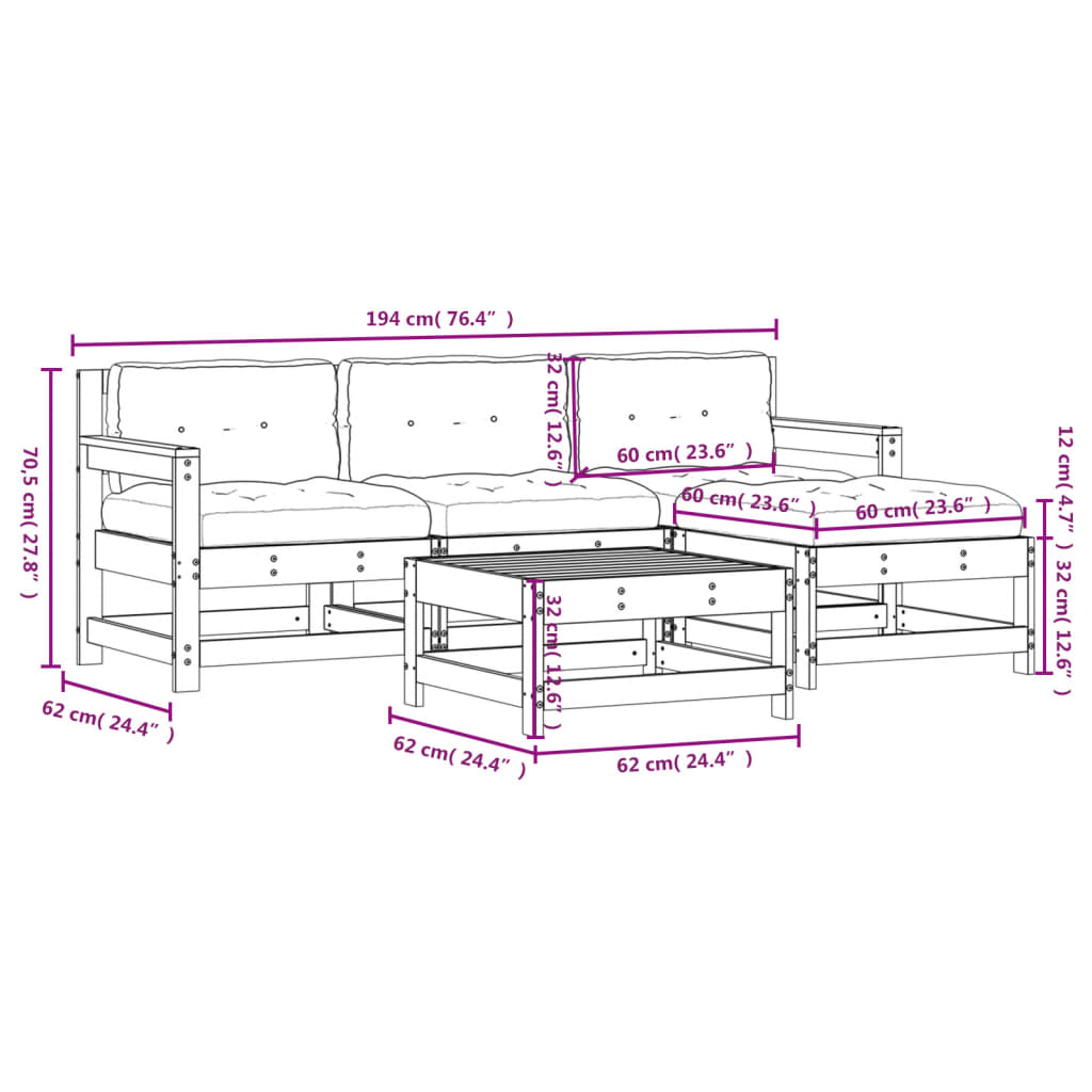 Set Divani da Giardino 5pz con Cuscini in Legno Massello Bianco | homemem39