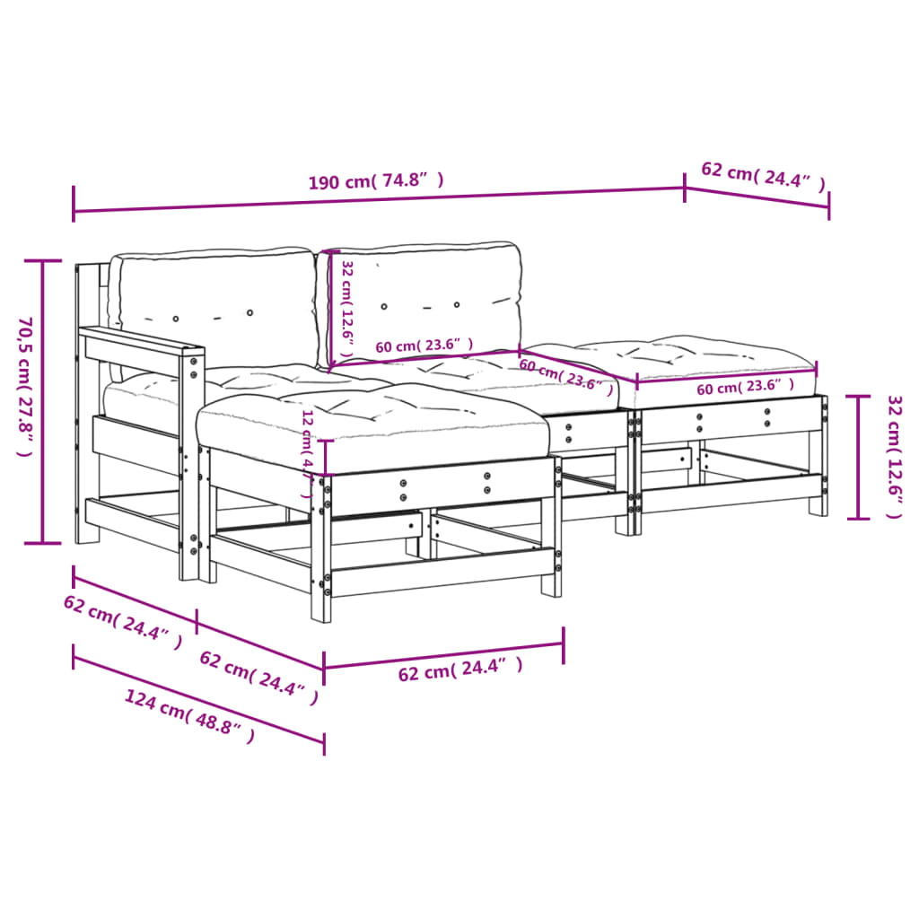 Set Divani da Giardino 4pz con Cuscini in Legno Massello Bianco | homemem39