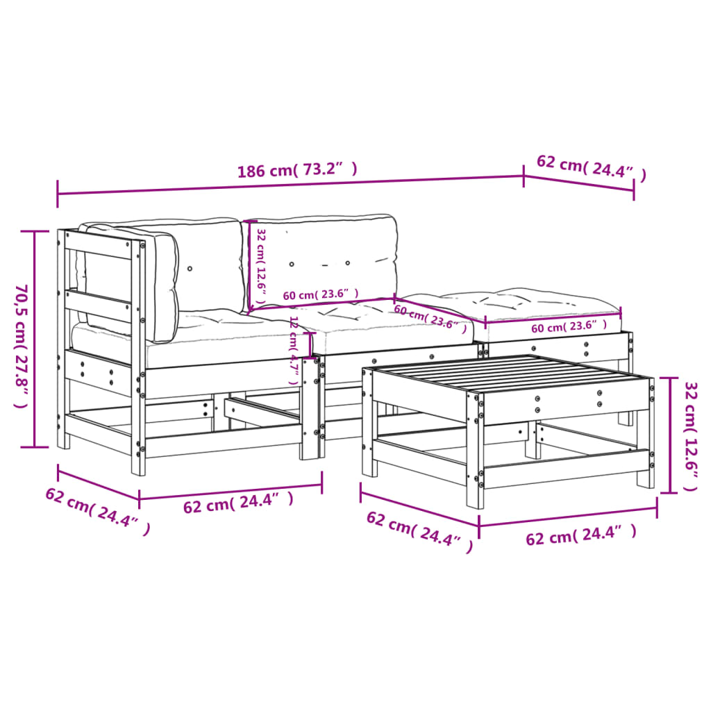 Set Divani da Giardino 4pz con Cuscini in Legno Massello Bianco | homemem39