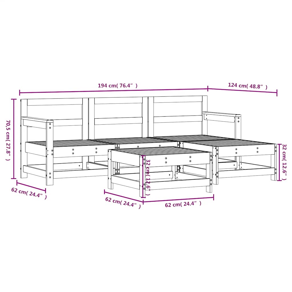 Set Salotto da Giardino 5 pz in Legno Massello di Pino | homemem39