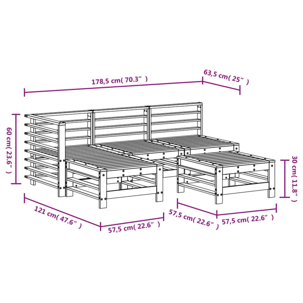 Set Salotto da Giardino 5 pz in Legno Massello di Pino