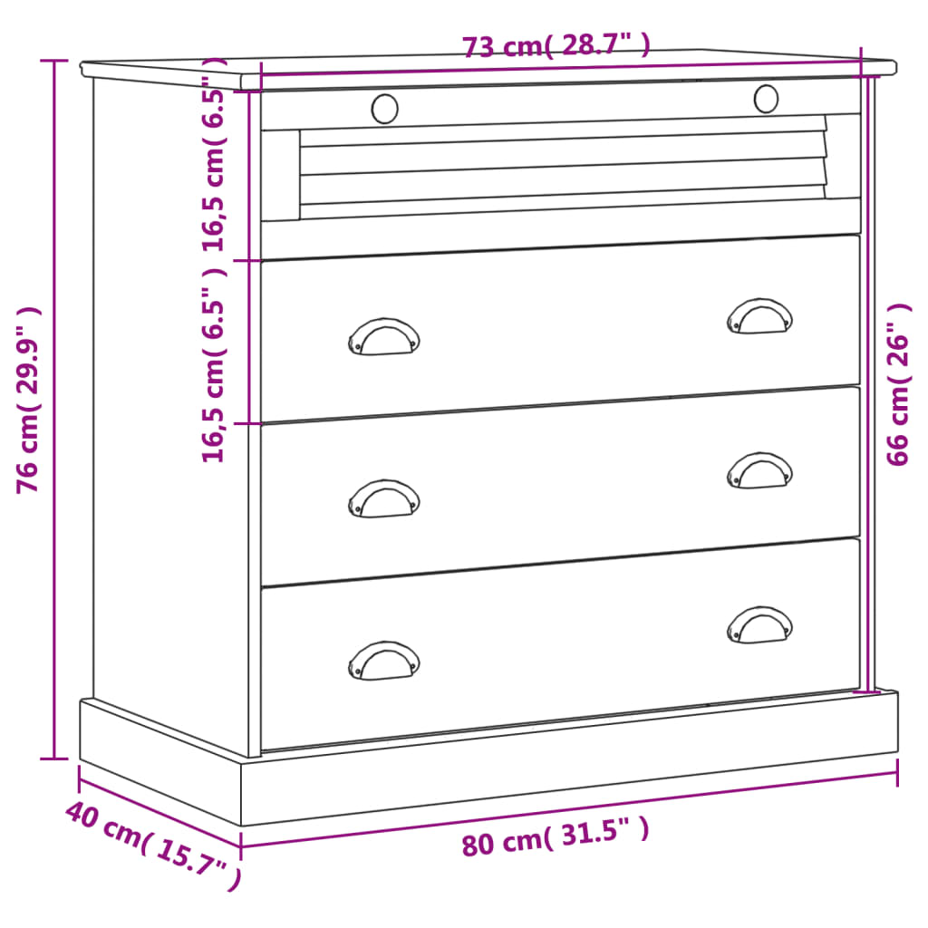 Cassettiera VIGO 80x40x76 cm in Legno Massello di Pino