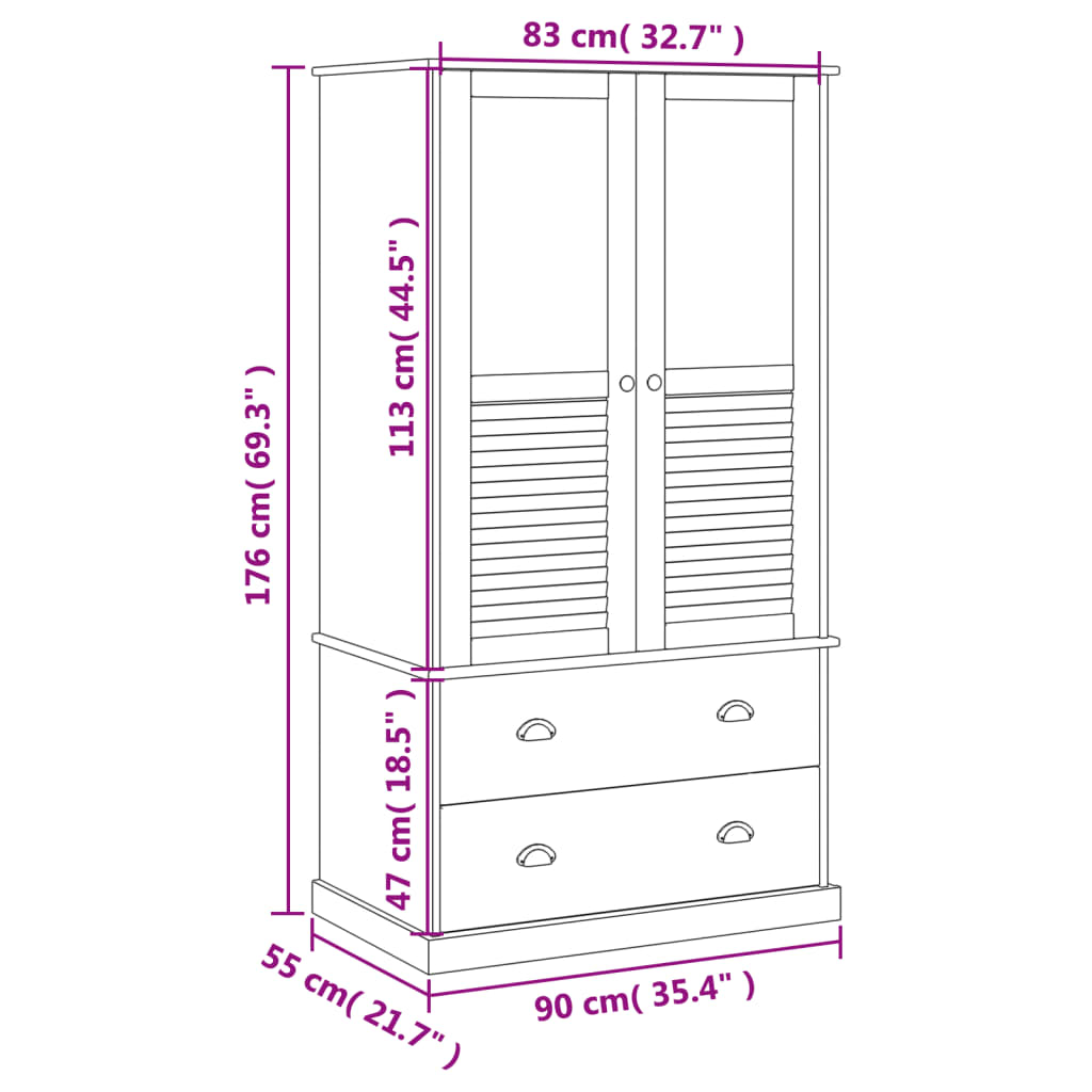 Armadio VIGO 90x55x176 cm in Legno Massello di Pino