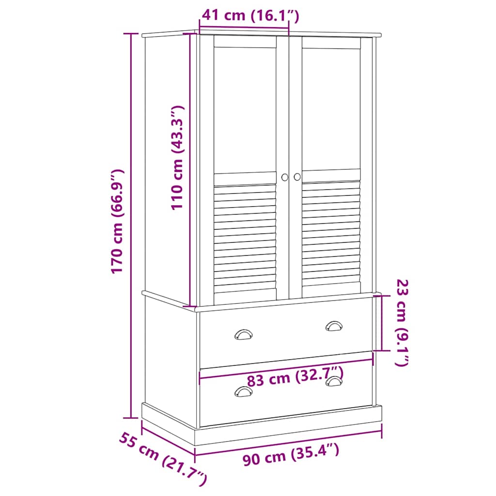 Armadio VIGO 90x55x170 cm in Legno Massello di Pino
