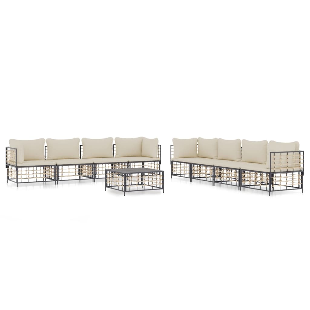Set Divani da Giardino 9 pz con Cuscini Antracite in Polyrattan - homemem39
