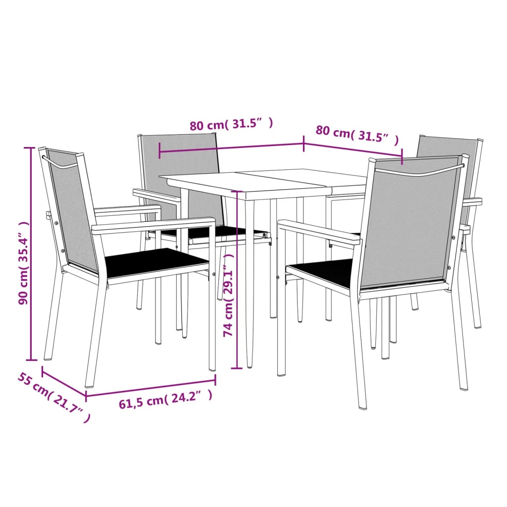 Set da Pranzo da Giardino 5 pz Nero in Textilene e Acciaio