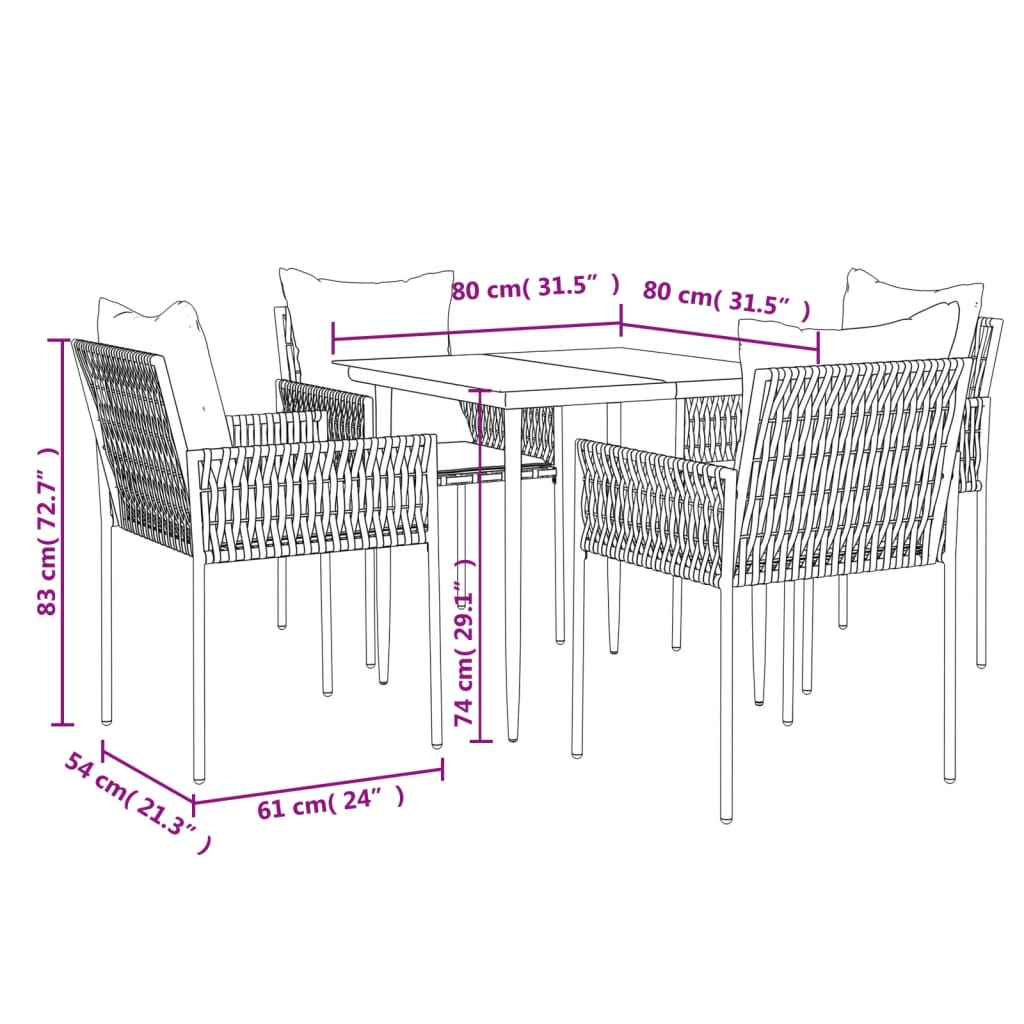 Set Pranzo da Giardino 5pz con Cuscini in Polyrattan e Acciaio