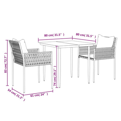 Set Pranzo da Giardino 3pz con Cuscini in Polyrattan e Acciaio