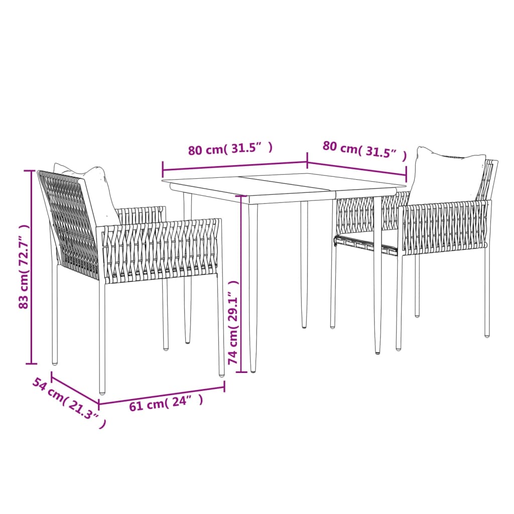 Set Pranzo da Giardino 3pz con Cuscini in Polyrattan e Acciaio - homemem39