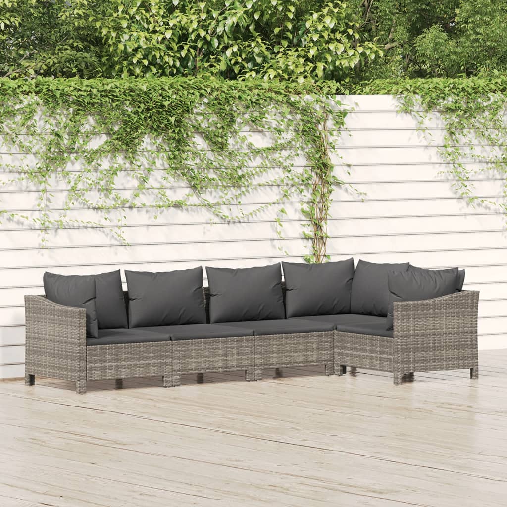 Set Divani da Giardino 5 pz con Cuscini in Polyrattan Grigio - homemem39