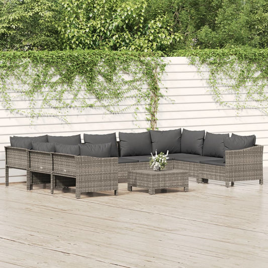 Set Divani da Giardino 10 pz con Cuscini in Polyrattan Grigio - homemem39