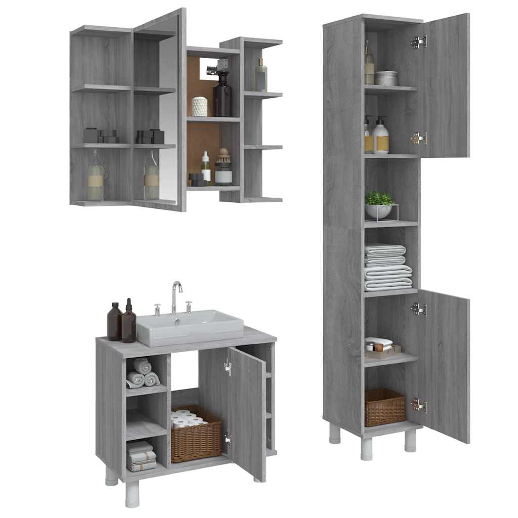 Set Mobili da Bagno 3 pz Grigio Sonoma in Legno Multistrato | homemem39