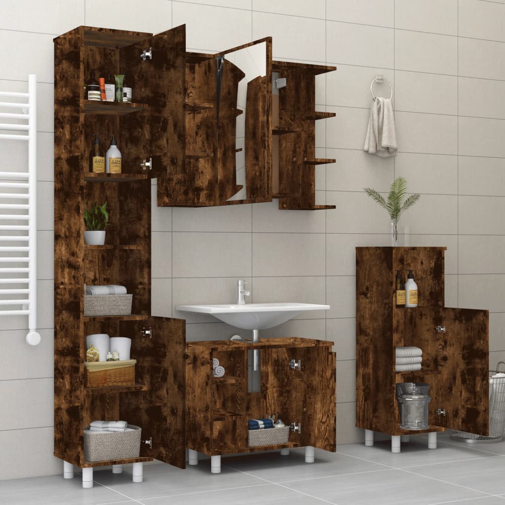 Set Mobili da Bagno 4 pz Rovere Fumo in Legno Multistrato