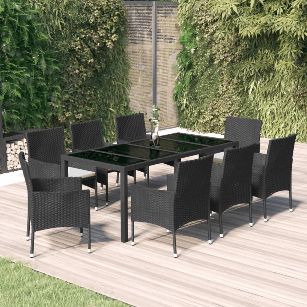 Set da Pranzo da Giardino 9 pz con Cuscini Nero in Polyrattan - homemem39
