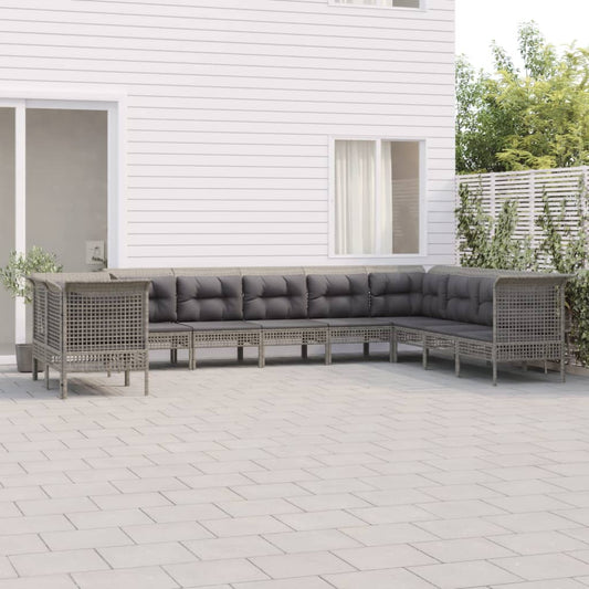 Set Divani da Giardino 10 pz con Cuscini in Polyrattan Grigio