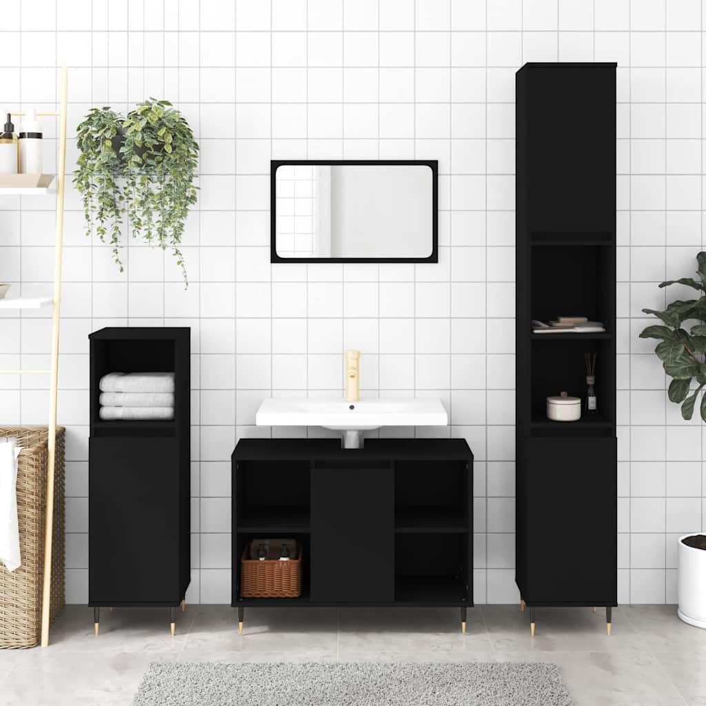 Armadietto da Bagno Nero 30x30x100 cm in Legno Multistrato | homemem39