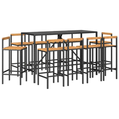 Set Bar Giardino 11 pz Nero Polyrattan e Legno Massello Acacia - homemem39