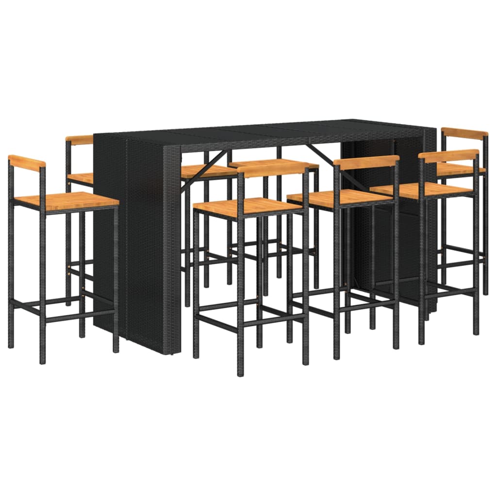 Set Bar Giardino 9 pz Nero Polyrattan e Legno Massello Acacia - homemem39