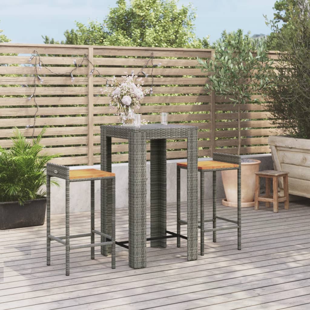 Set Bar Giardino 3pz Grigio Polyrattan e Legno Massello Acacia - homemem39
