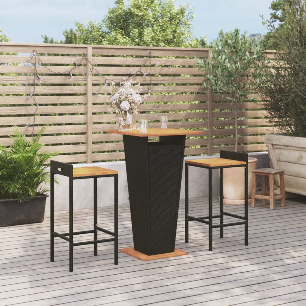 Set Bar Giardino 3 pz Nero Polyrattan e Legno Massello Acacia - homemem39