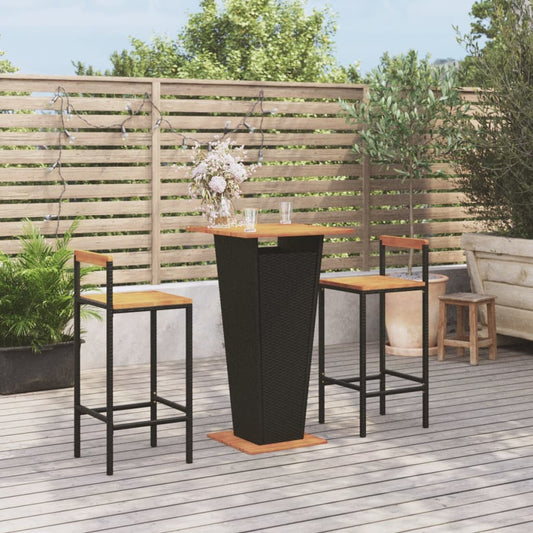 Set Bar Giardino 3 pz Nero Polyrattan e Legno Massello Acacia - homemem39