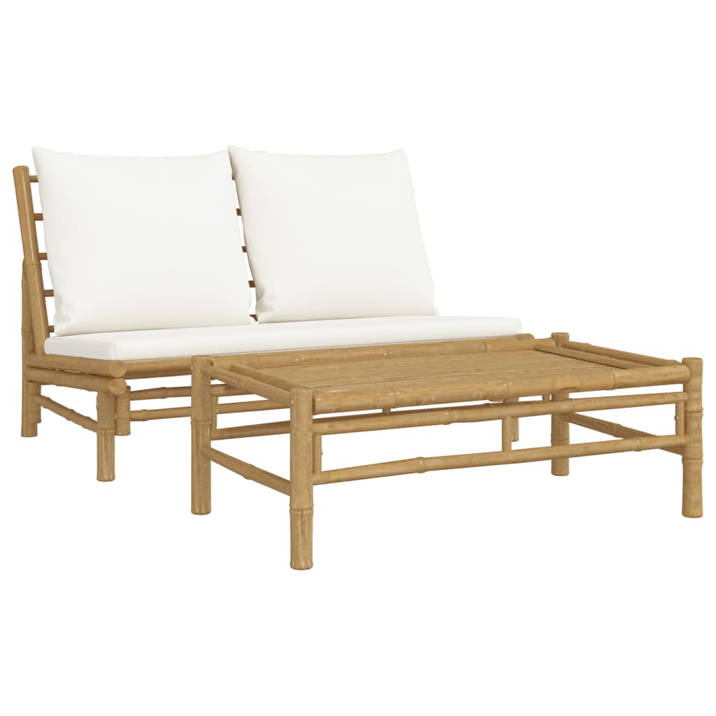 Set Salotto da Giardino 2pz con Cuscini Bianco Crema in Bambù