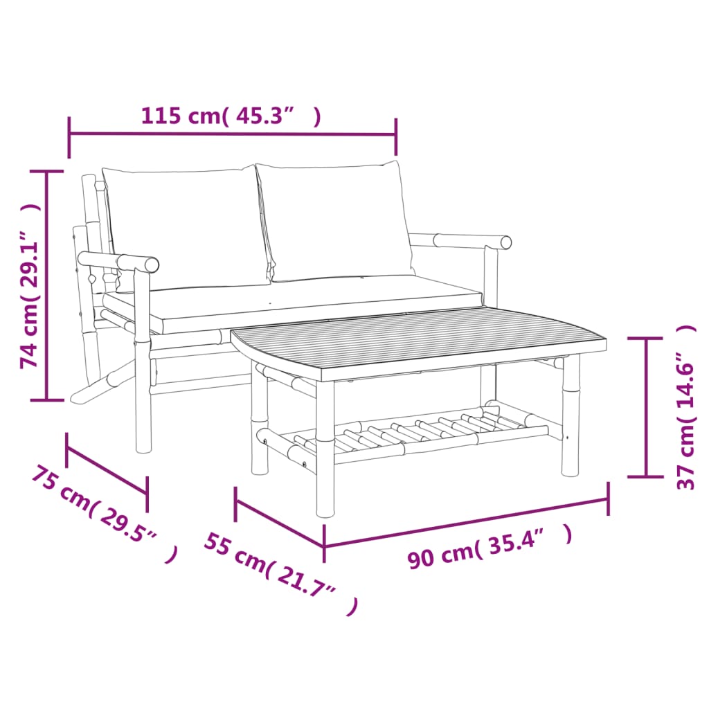 Set Salotto da Giardino 2pz con Cuscini Grigio Scuro Bambù | homemem39