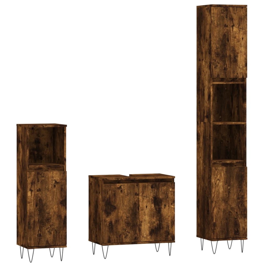 Set Mobili da Bagno 3 pz Rovere Fumo in Legno Multistrato | homemem39