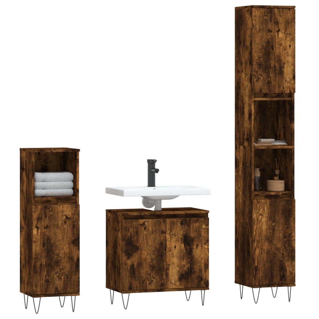 Set Mobili da Bagno 3 pz Rovere Fumo in Legno Multistrato | homemem39